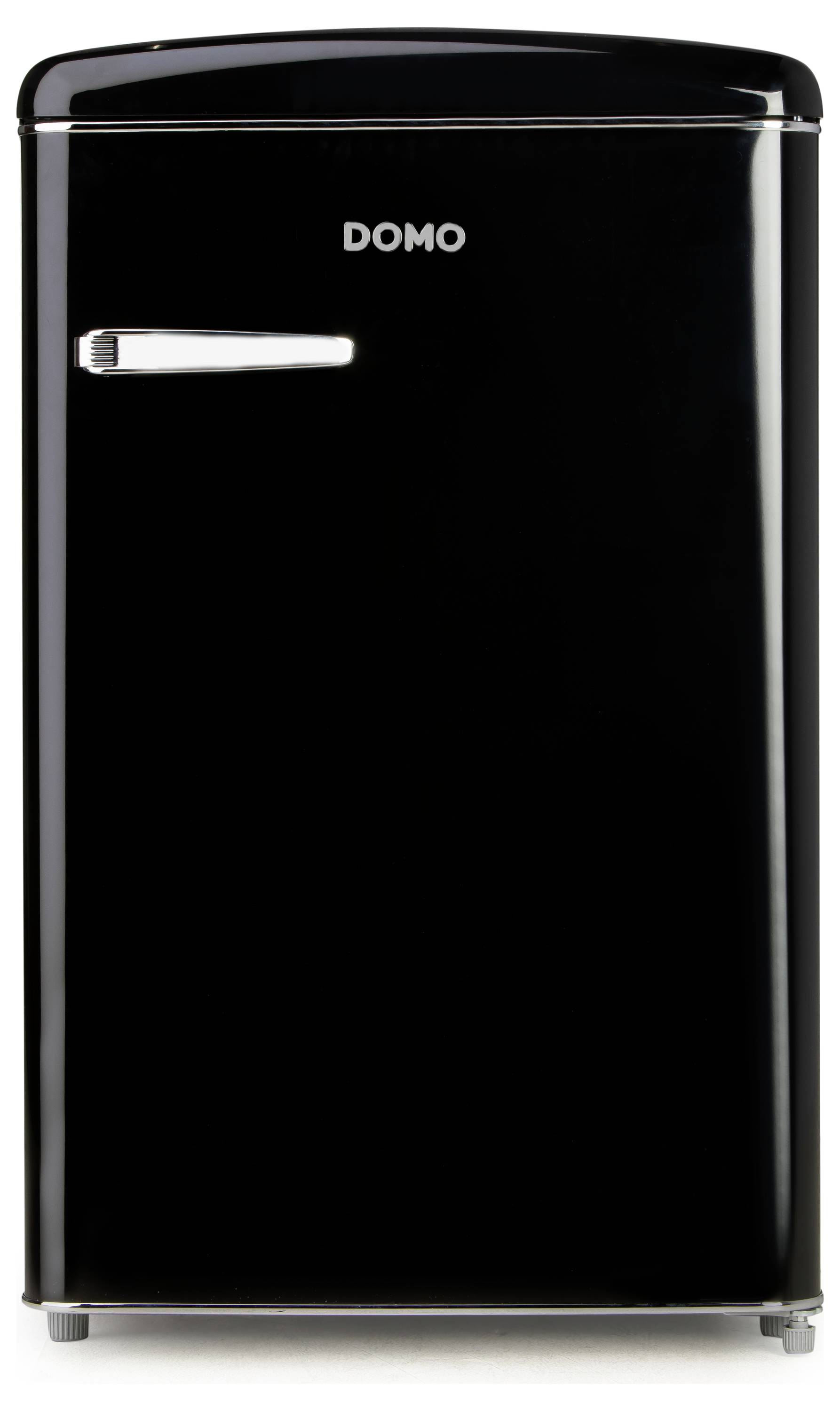 Ein schwarzer Kühlschrank im Retro-Look mit silbernem Griff, Marke 'DOMO'.