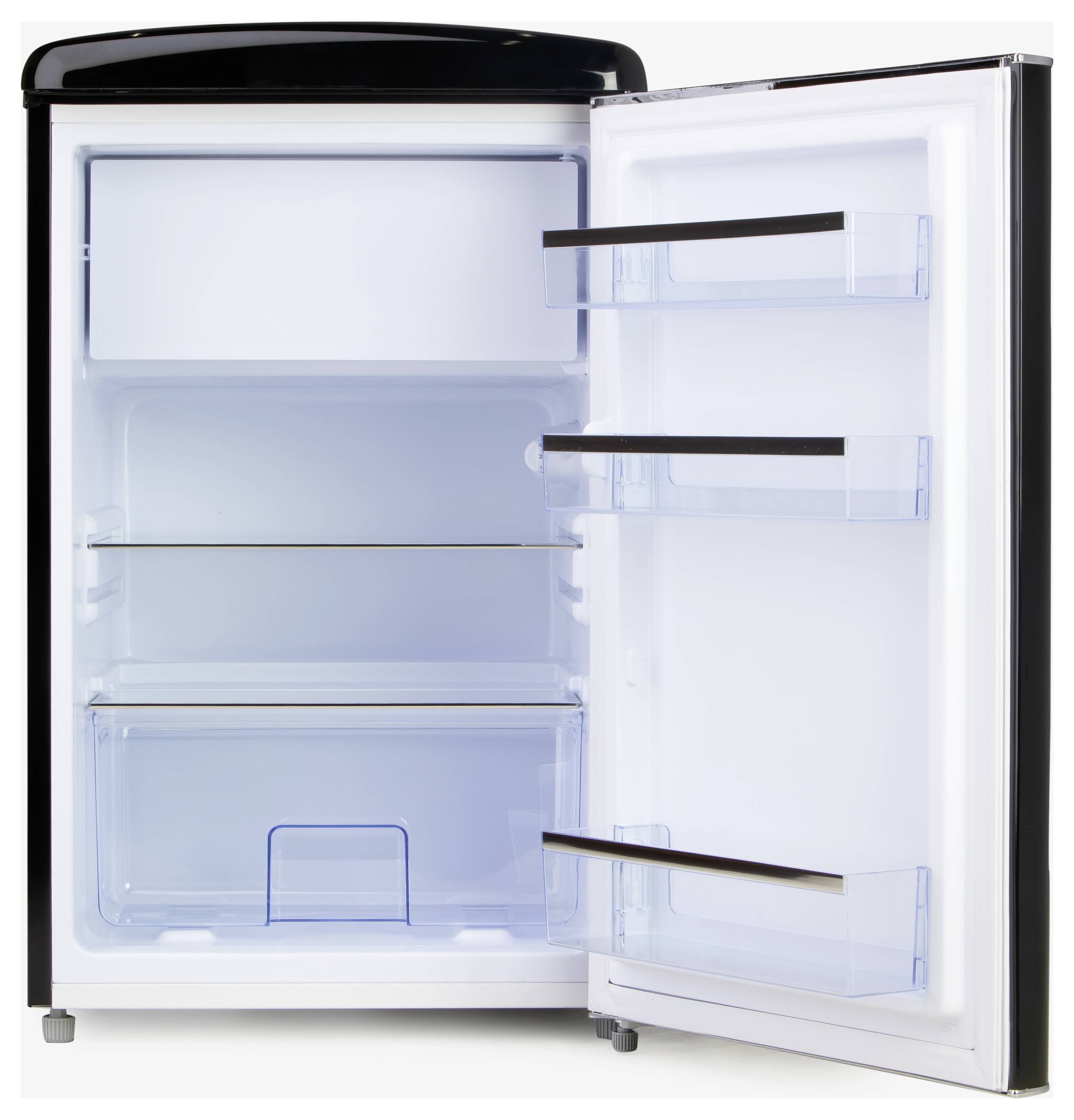 Ein leerer, geöffneter Kühlschrank mit zwei Einlegeböden, einer großen Schublade unten und drei Fächern in der Tür.