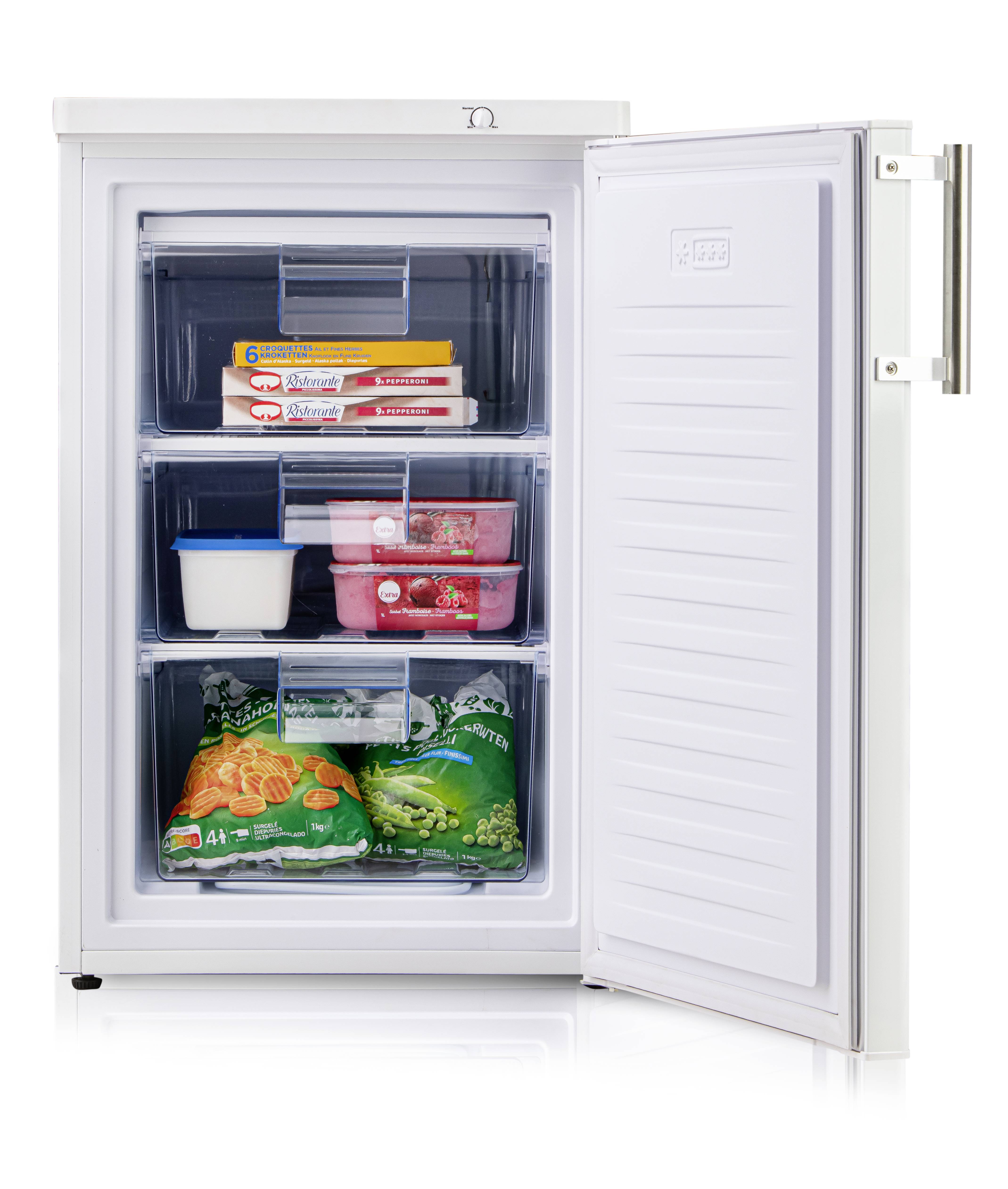 Ein geöffneter Gefrierschrank mit drei Fächern, gefüllt mit gefrorener Pizza, Eiscreme, Erbsen und Gemüse.