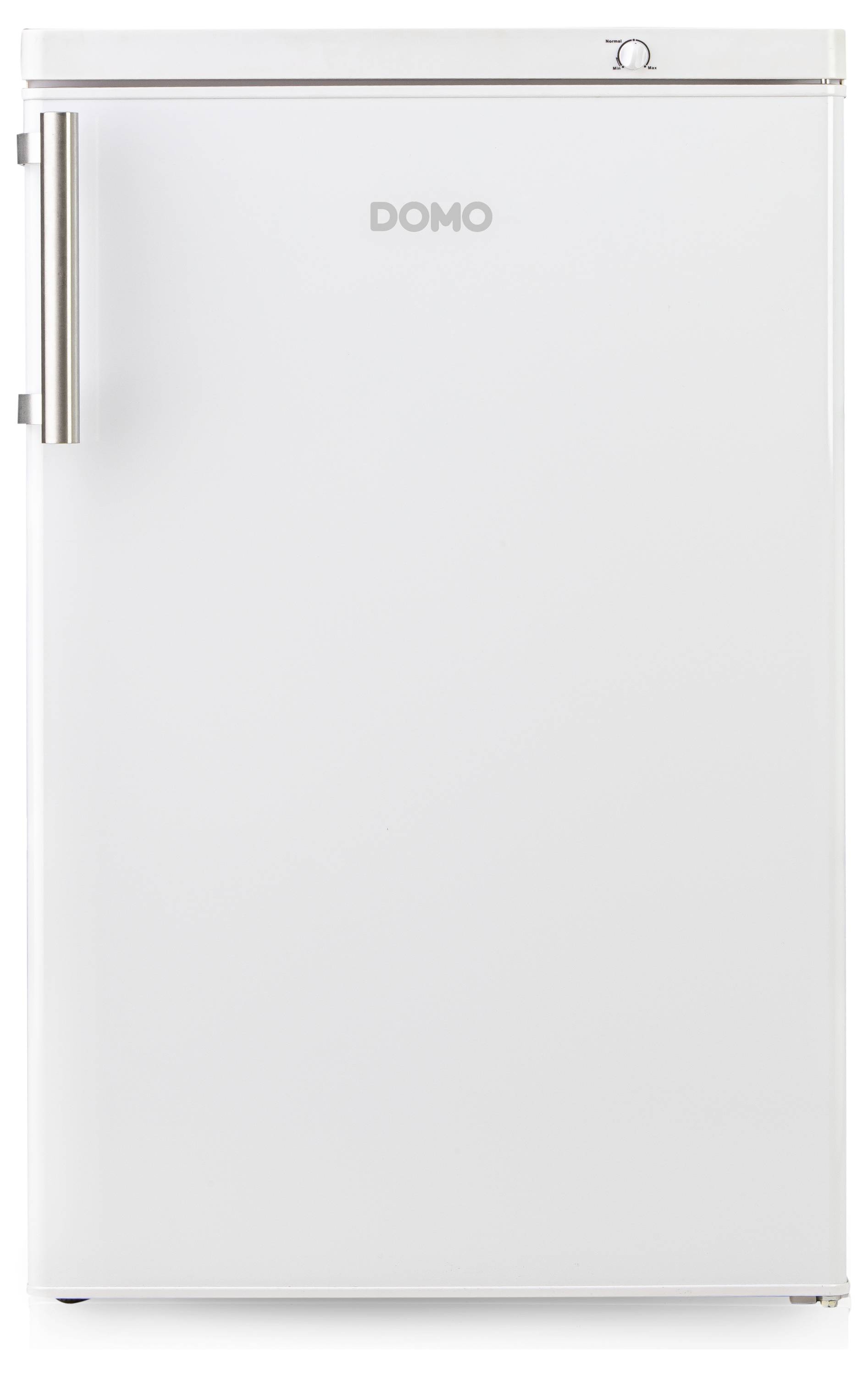 Ein weißer Kühlschrank mit vertikalem Griff auf der linken Seite, die Marke 'DOMO' ist oben in der Mitte zu sehen.