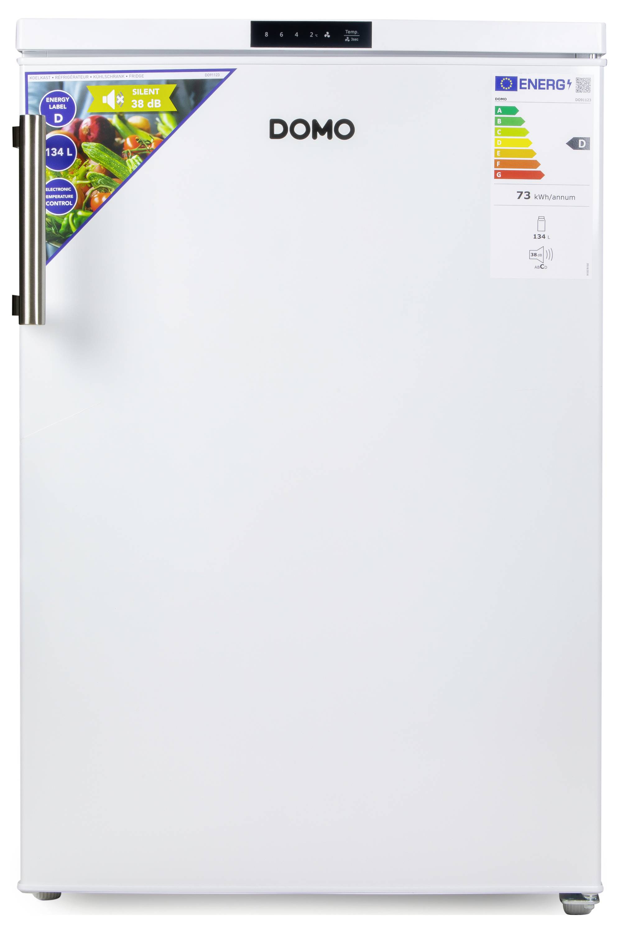 Weißer Kühlschrank der Marke 'DOMO' mit Energiesparkennzeichnung A+, 73 Litern Volumen, geeignet zur Lagerung von Lebensmitteln und Getränken.