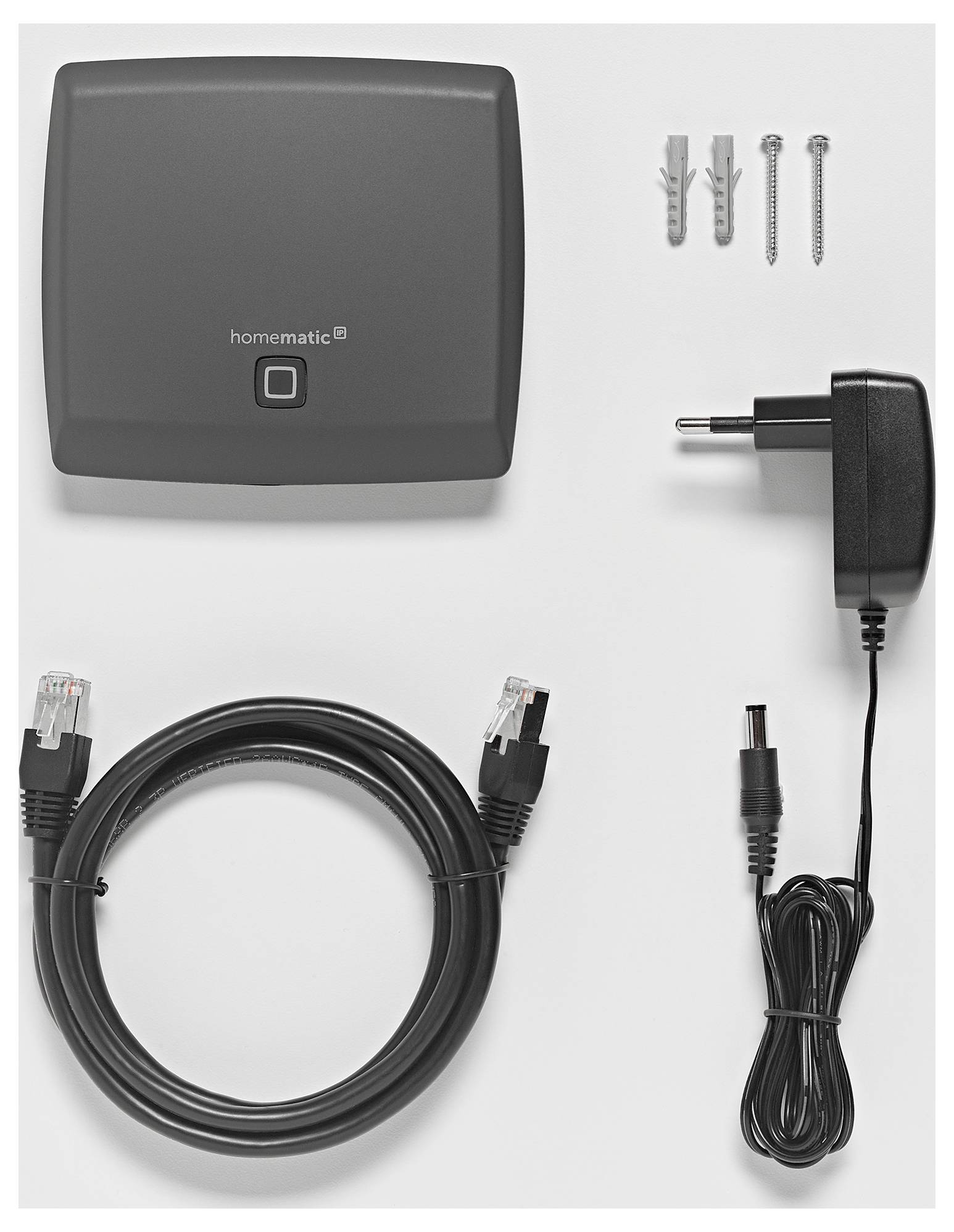 'Smart-Home-Zentrale, Netzwerkkabel, Netzteil und Befestigungsmaterial: zwei Schrauben und Dübel'