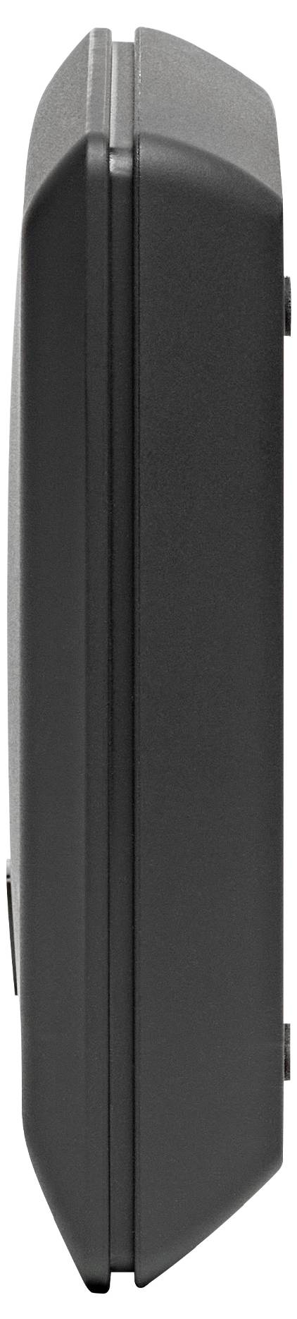 Schwarzes, rechteckiges Gerät im Profil, vermutlich ein tragbares elektronisches Gerät oder Gehäuse.