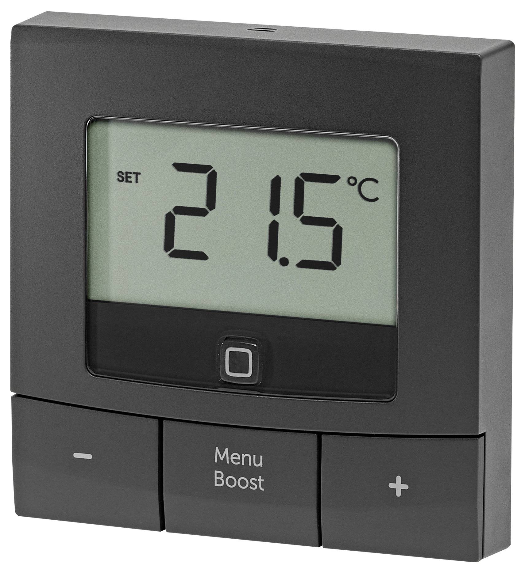 Digitales Thermostat zeigt '21,5°C'. Enthält Tasten für 'Set', 'Menu', 'Boost' und '+' für Temperaturkontrolle.