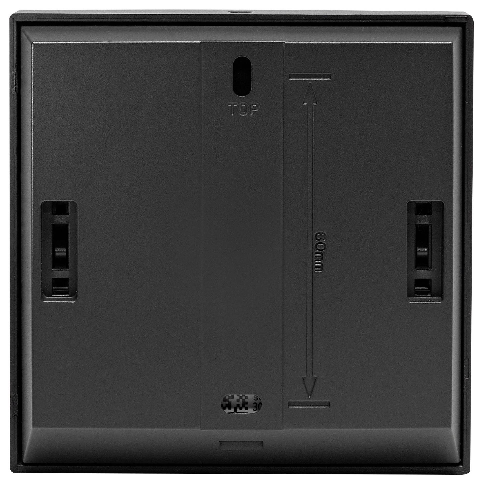 Schwarze quadratische Rückseite eines Geräts mit zwei vertikalen Schlitzen, einem kleinen Loch oben und einer Beschriftung mit '60 mm'-Pfeil.