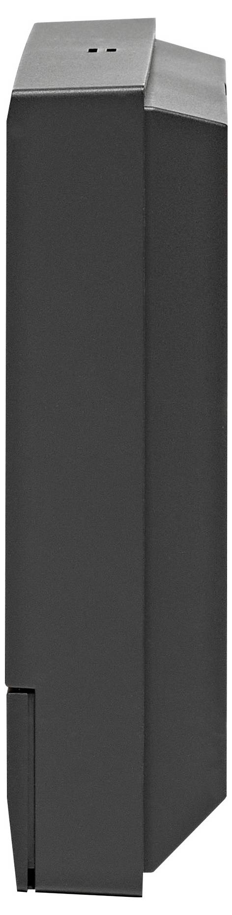 Schwarze, rechteckige Metallvorrichtung, vermutlich ein Gehäuse oder Behälter für technische Geräte, von der Seite betrachtet.