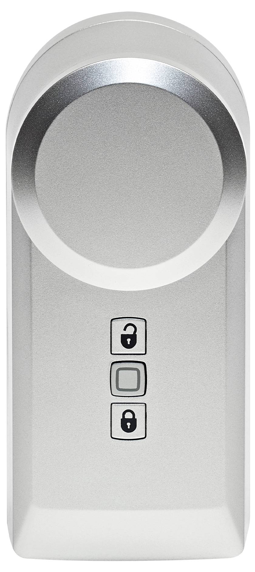 Ein silbernes elektronisches Türschloss mit drei Knöpfen in der Mitte, die das Schließen, Öffnen und den Status anzeigen.