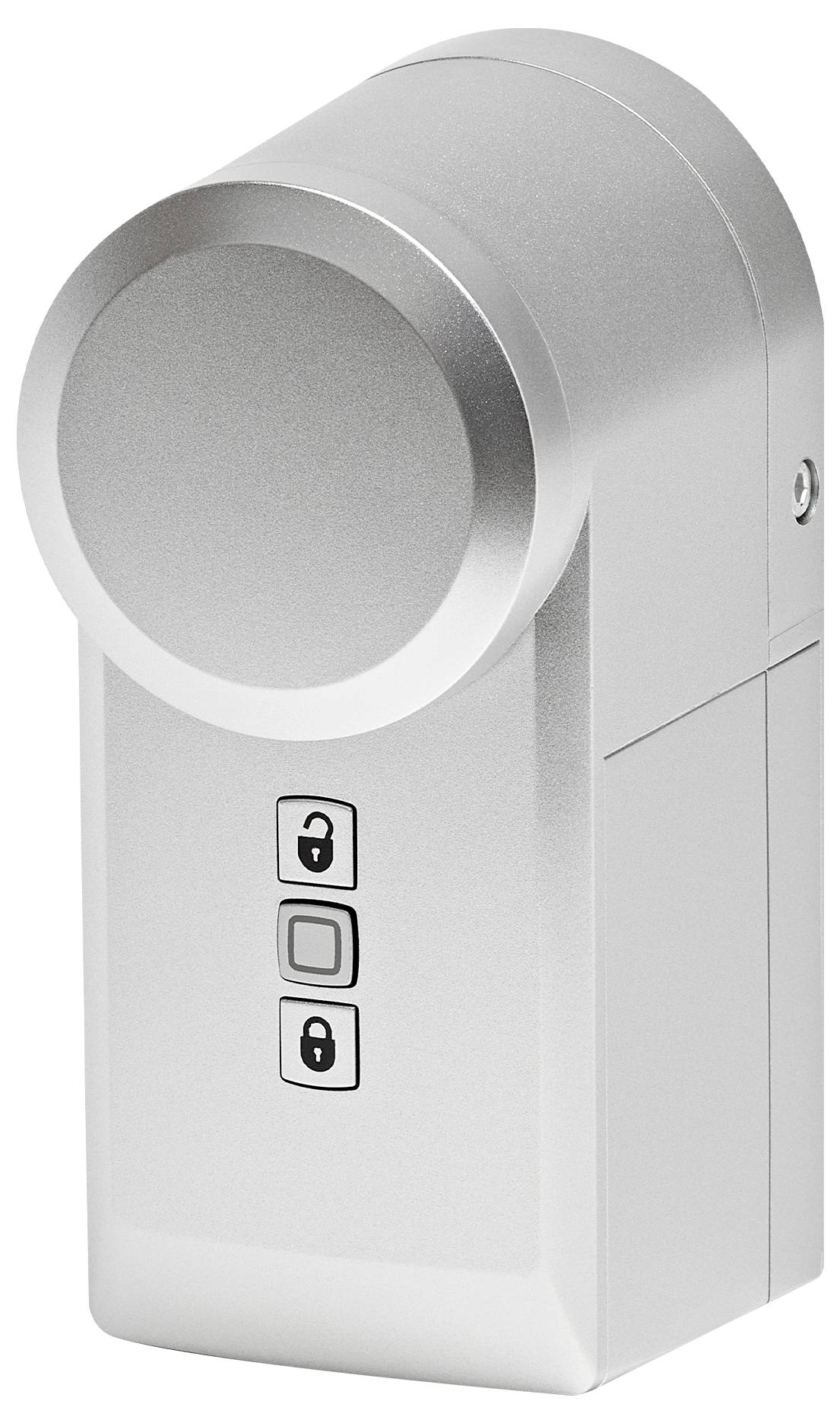 Elektronisches Türschloss in silberner Farbe mit zwei Schaltflächen und einem zentralen Knopf. Ideal für smartes Zutrittsmanagement.