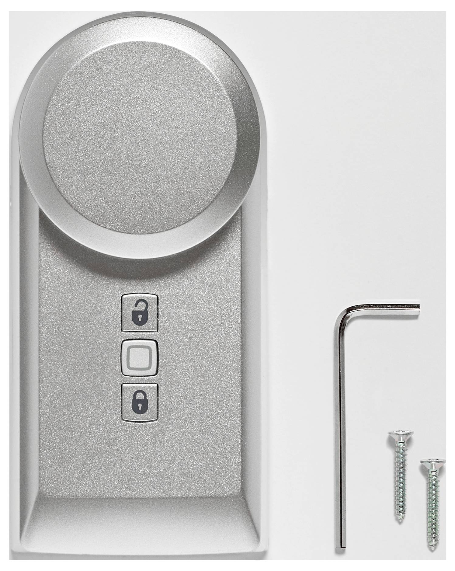 Ein silbernes elektronisches Türschloss mit zwei Knöpfen für Verriegeln und Entriegeln, daneben ein Inbusschlüssel und zwei Schrauben.