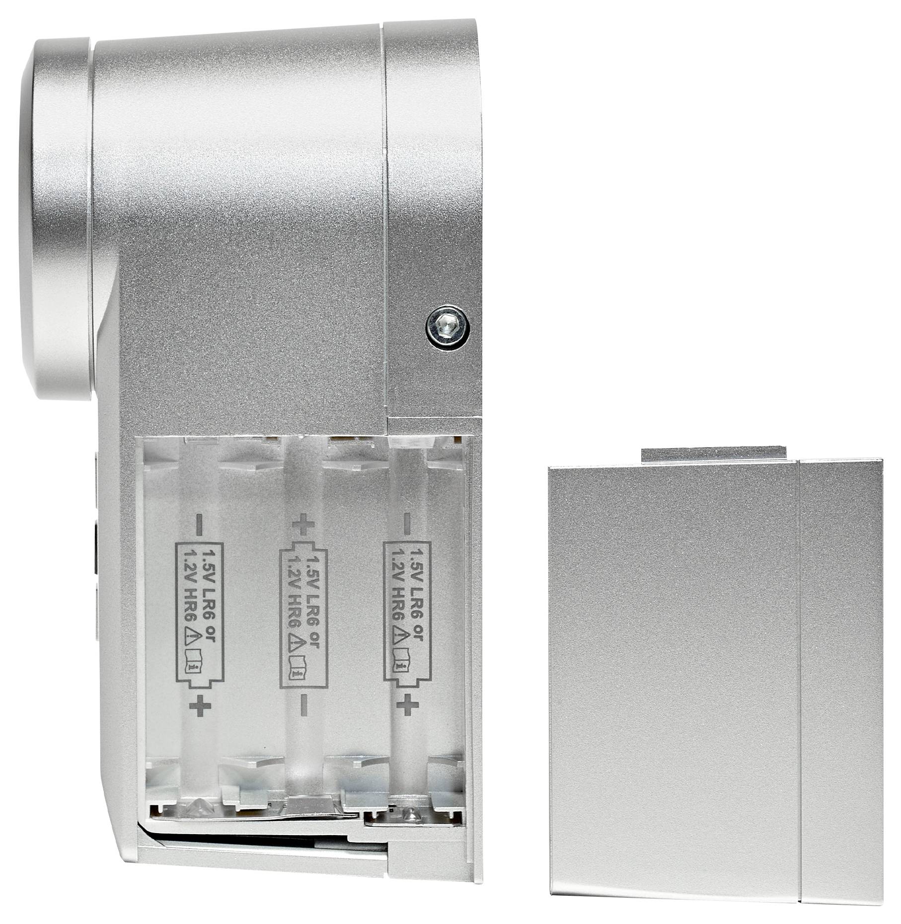 Silbernes batteriebetriebenes Gerät, Batteriefach geöffnet und daneben liegend, zeigt vier AA-Batterieslots.