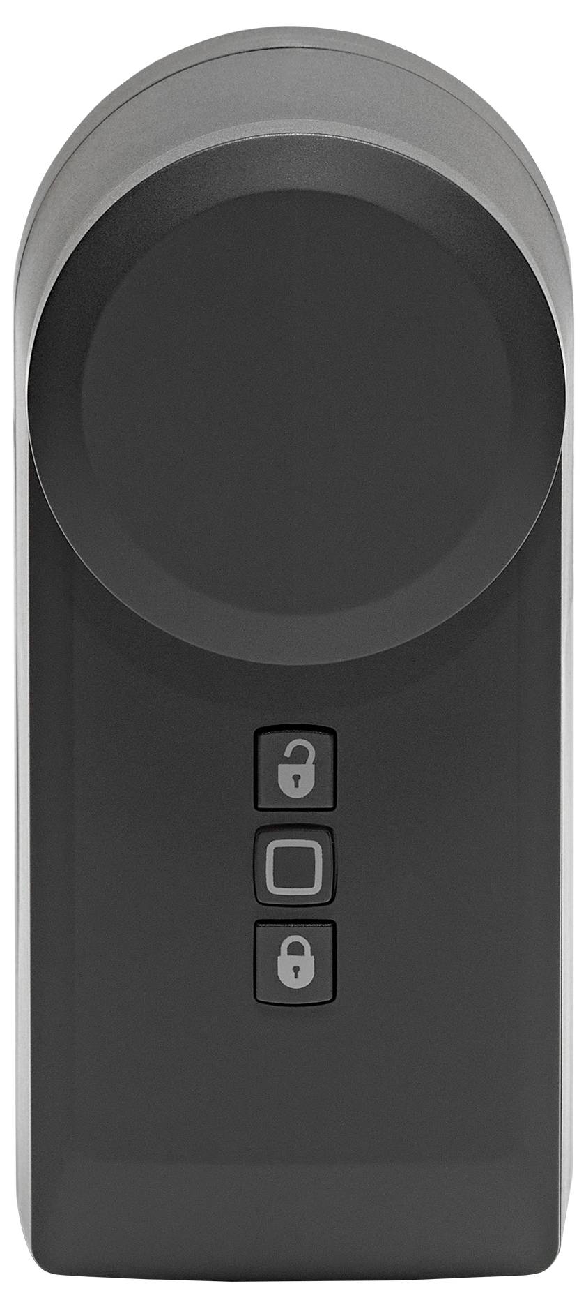 Ein schwarzes, modernes elektronisches Türschloss mit zwei Symbolen für verriegelt und entriegelt sowie einer quadratischen Taste dazwischen.