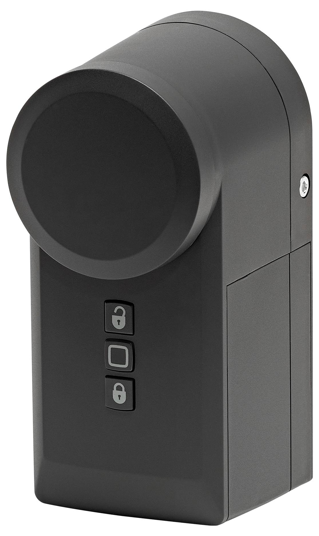 Ein schwarzes elektronisches Türschloss mit drei Tasten auf der Vorderseite: entsperren, verriegeln und ein zentraler quadratischer Knopf.
