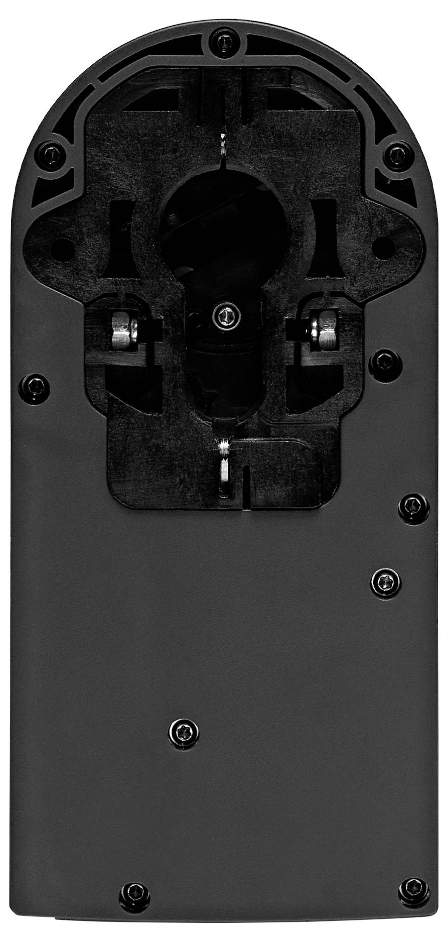 Die Rückseite einer schwarzen Fernbedienung zeigt Schrauben und Befestigungspunkte.