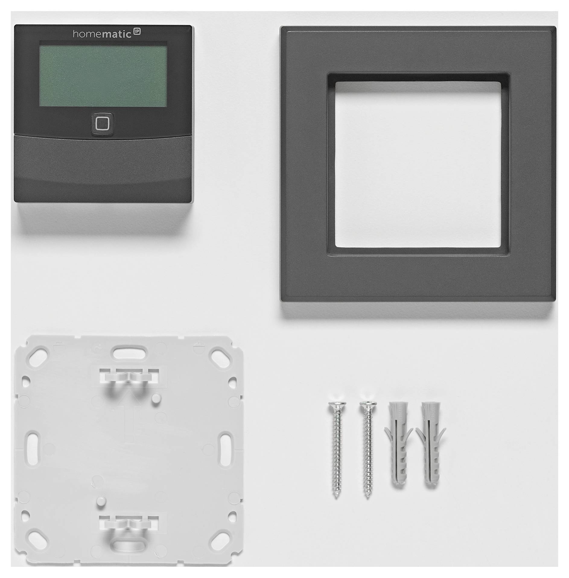 Ein schwarzes Quadratrahmen-Set für ein Smart-Home-Gerät mit Display, Montagetafel, zwei Schrauben und zwei Dübel auf weißem Hintergrund.