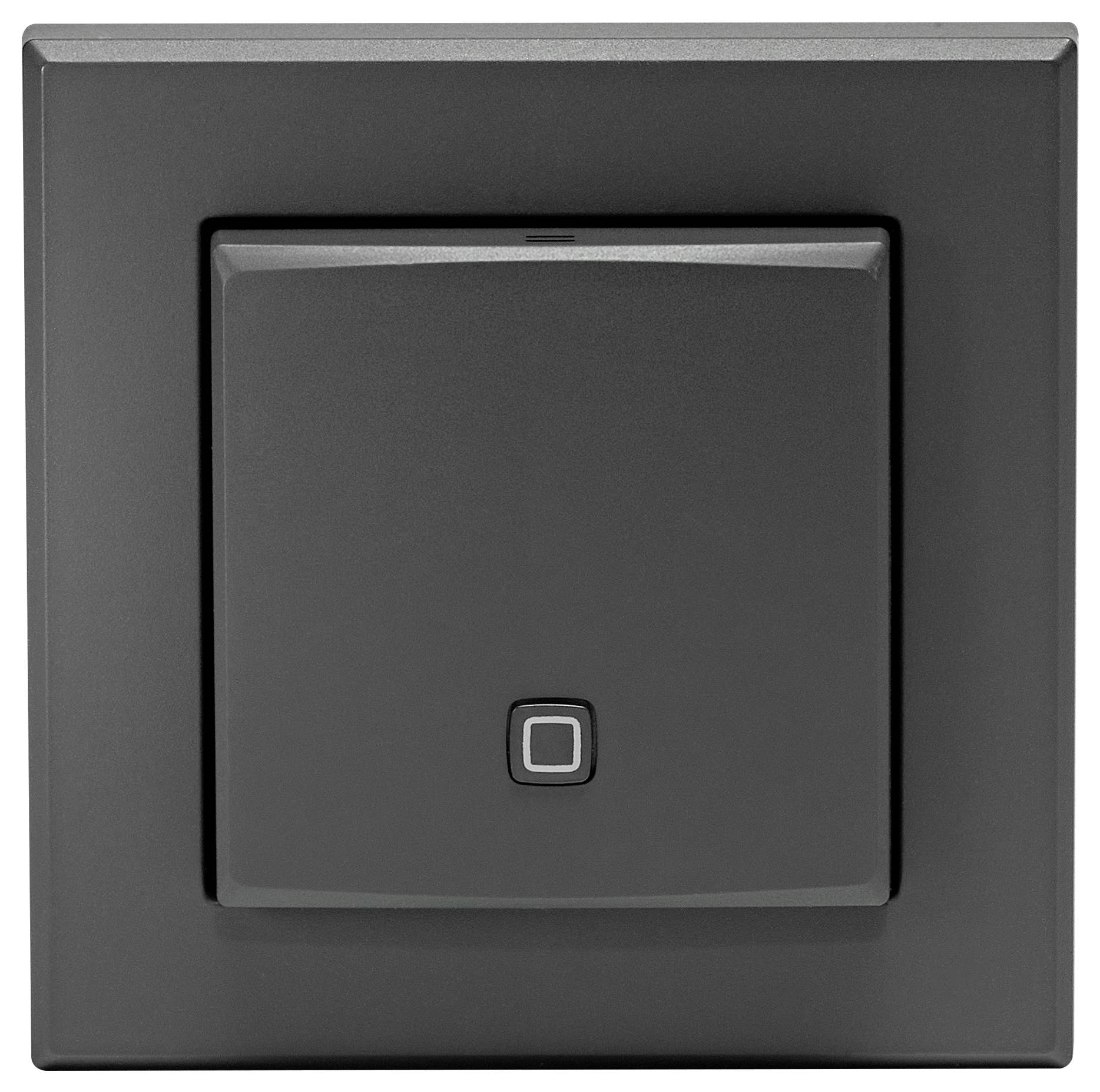 Ein moderner, dunkelgrauer Lichtschalter an einer Wand, quadratisches Design mit einem kleinen Quadratsymbol in der Mitte.