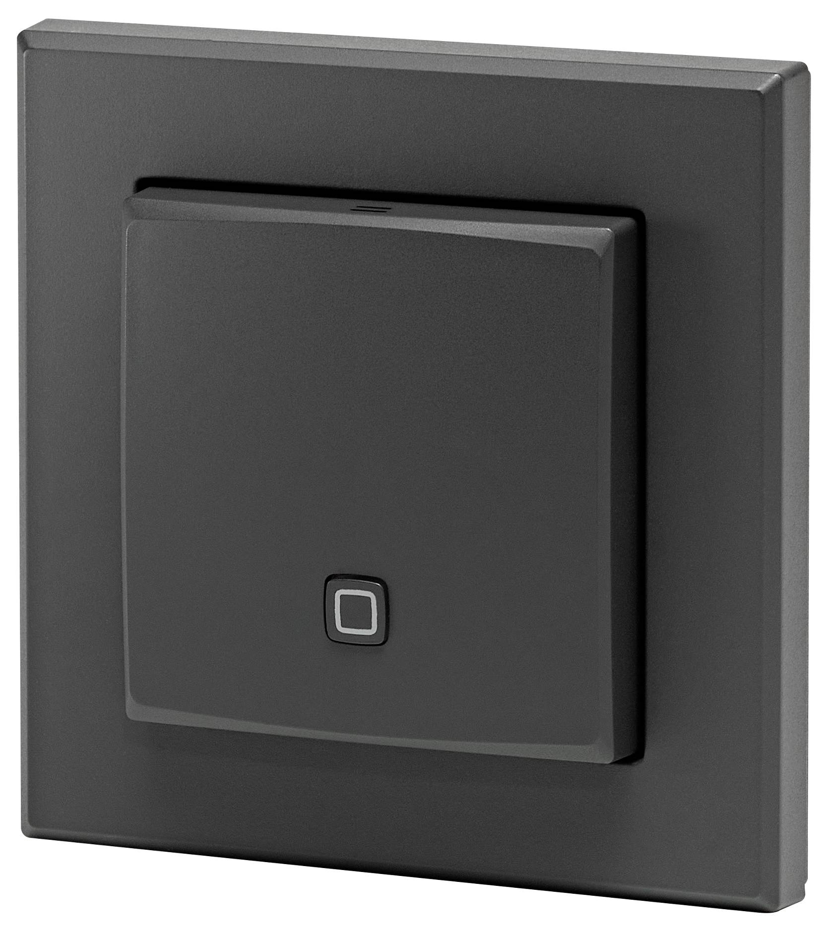 Ein moderner, quadratischer Lichtschalter in Schwarz, montiert auf einer Wandplatte.