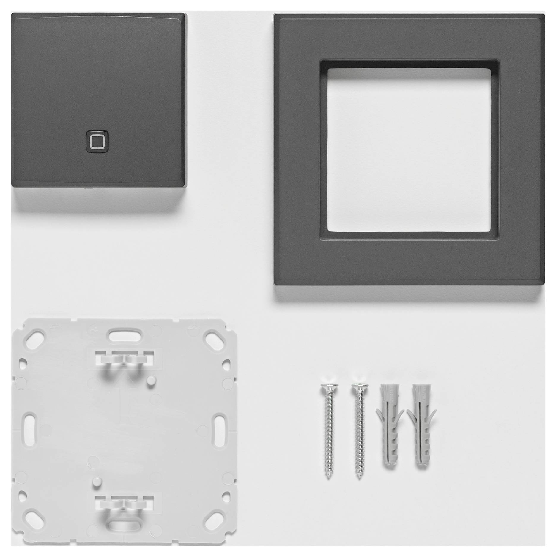 Vier quadratische Elemente: schwarzer Schalter, schwarzer Rahmen, weiße Montageplatte, zwei Schrauben und Dübel auf weißem Hintergrund.