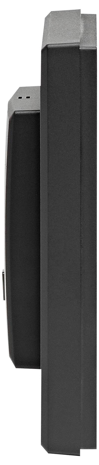 Schwarzer, rechteckiger Gegenstand in Seitenansicht, möglicherweise ein elektronisches Gerät oder Display mit abgerundeten Ecken.