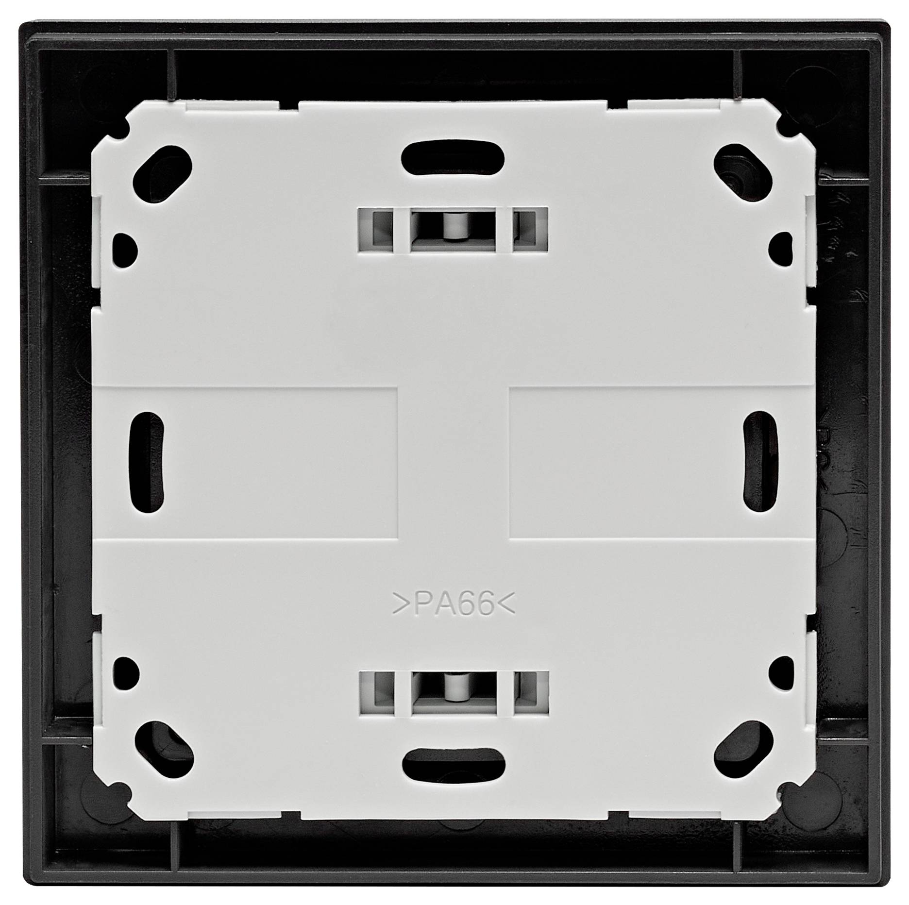 Ein rechteckiges, schwarzes Gehäuse mit weißem Einsatz, vermutlich eine Halterung oder Rückseite für einen Schalter oder ein technisches Gerät.