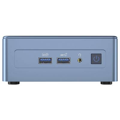 Ein blauer Mini-PC mit zwei USB-Anschlüssen, einem Kopfhöreranschluss und einem Einschaltknopf an der Vorderseite.