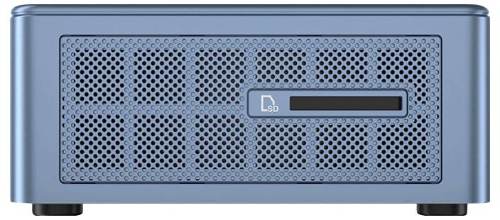 Ein blauer, rechteckiger Router mit perforierter Frontansicht und einem Kartensteckplatz mit der Aufschrift 'SD'.