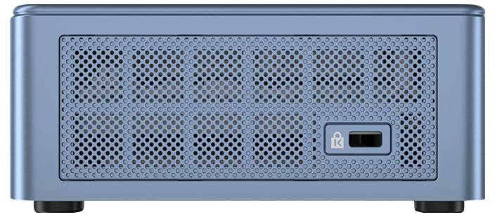 Blaues Computergehäuse mit perforierter Vorderseite zur Belüftung und einem schmalen schwarzen Schalter unten rechts.