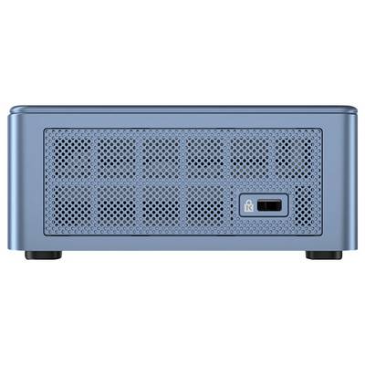 Blaues Computergehäuse mit perforierter Vorderseite zur Belüftung und einem schmalen schwarzen Schalter unten rechts.
