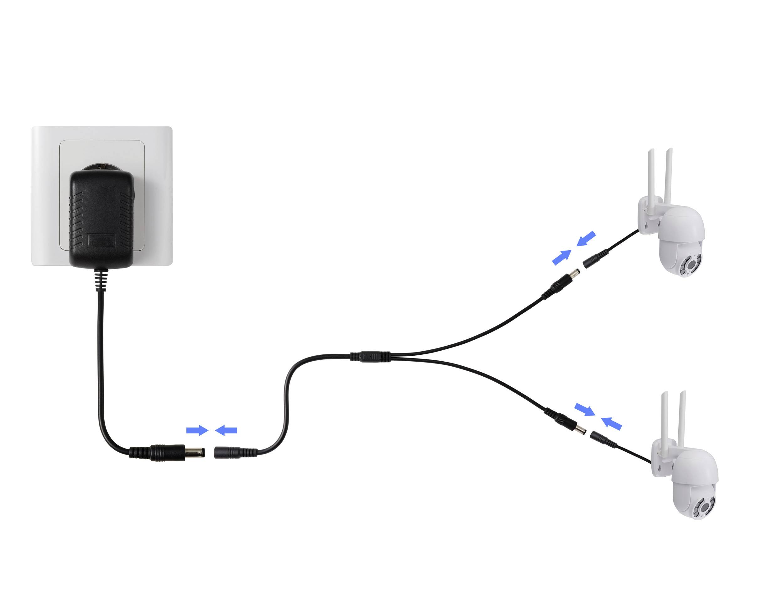 'Diagramm zur Verbindung eines Adapters mit zwei Überwachungskameras über Kabel. Der Adapter ist an einer Steckdose angeschlossen.'