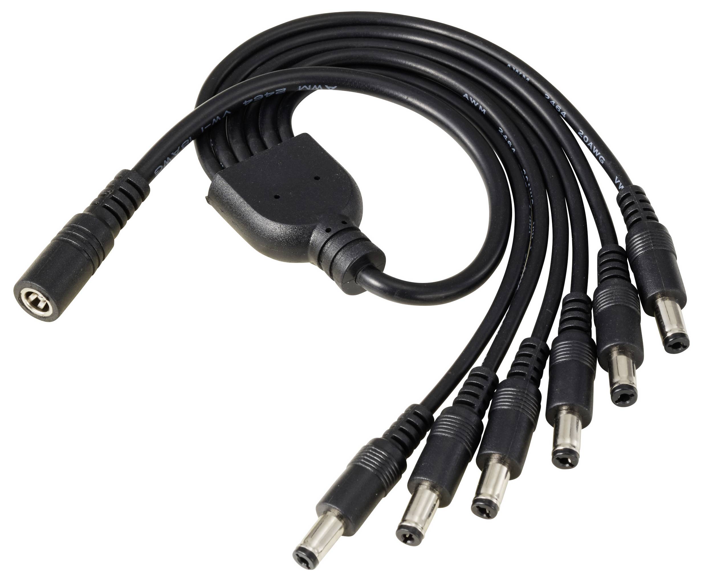 Mehrpoliger Stromadapter mit einem weiblichen Eingang und fünf männlichen Ausgängen, die für elektronische Geräte verwendet werden.