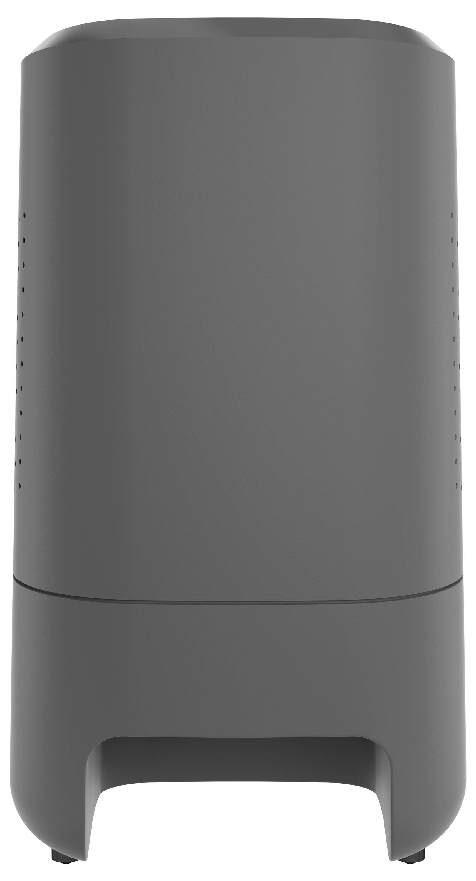 Ein grauer, rechteckiger Luftreiniger mit abgerundeten Ecken und Lüftungsschlitzen an den Seiten steht frontal zur Kamera.