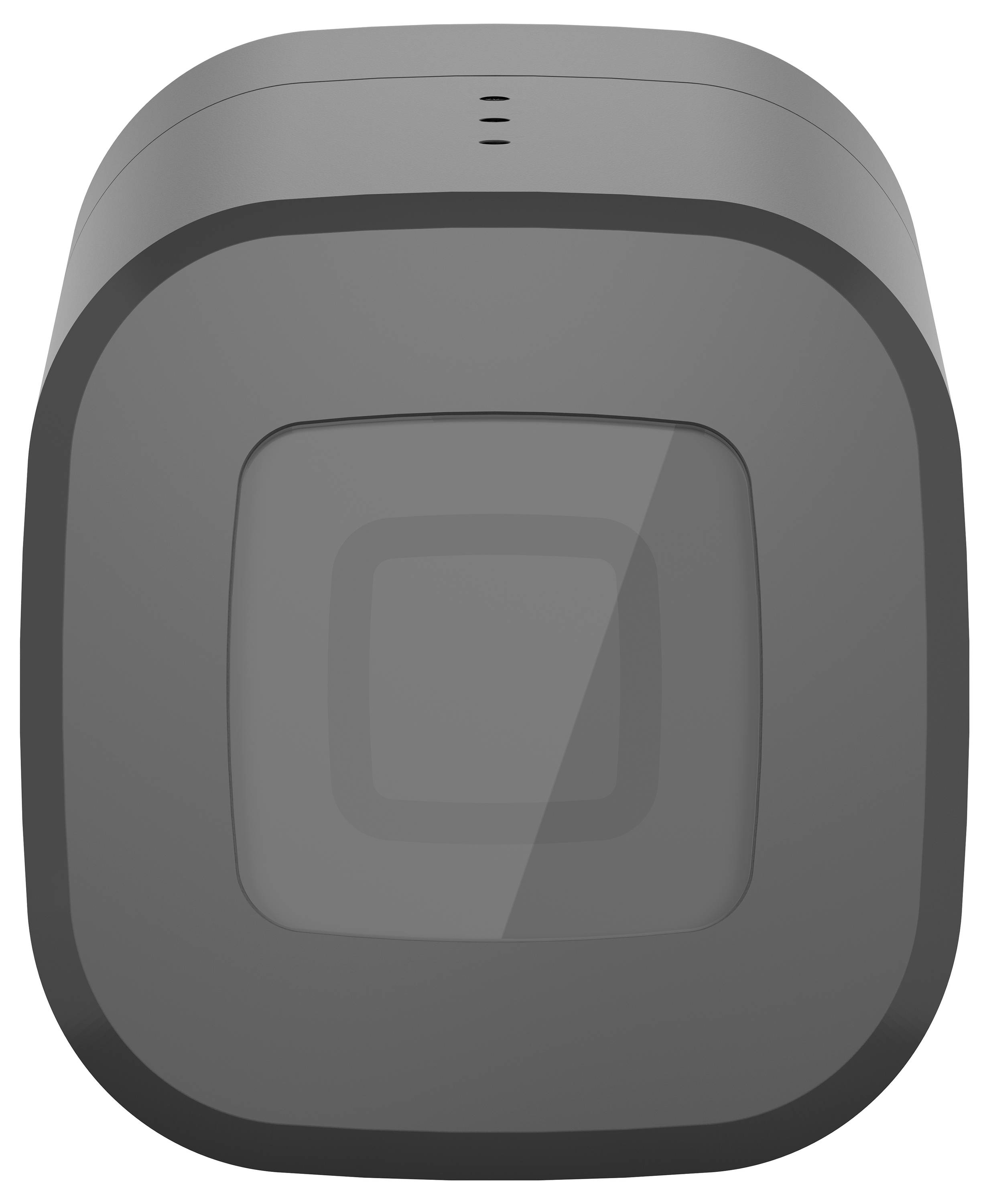 Graues, quadratisches elektronisches Gerät mit abgerundeten Ecken und einem zentralen Quadrat. Möglicherweise ein technisches Gadget.