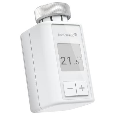 Thermostatgerät mit Display zeigt 21,5 Grad Celsius an. Zwei Tasten unten: Plus, Minus. Marke: Homematic.