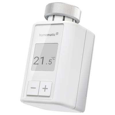 Elektronisches Thermostat mit Display zeigt 21,5 Grad Celsius. Markiert mit 'homematic'. Tasten für Temperaturregelung darunter.