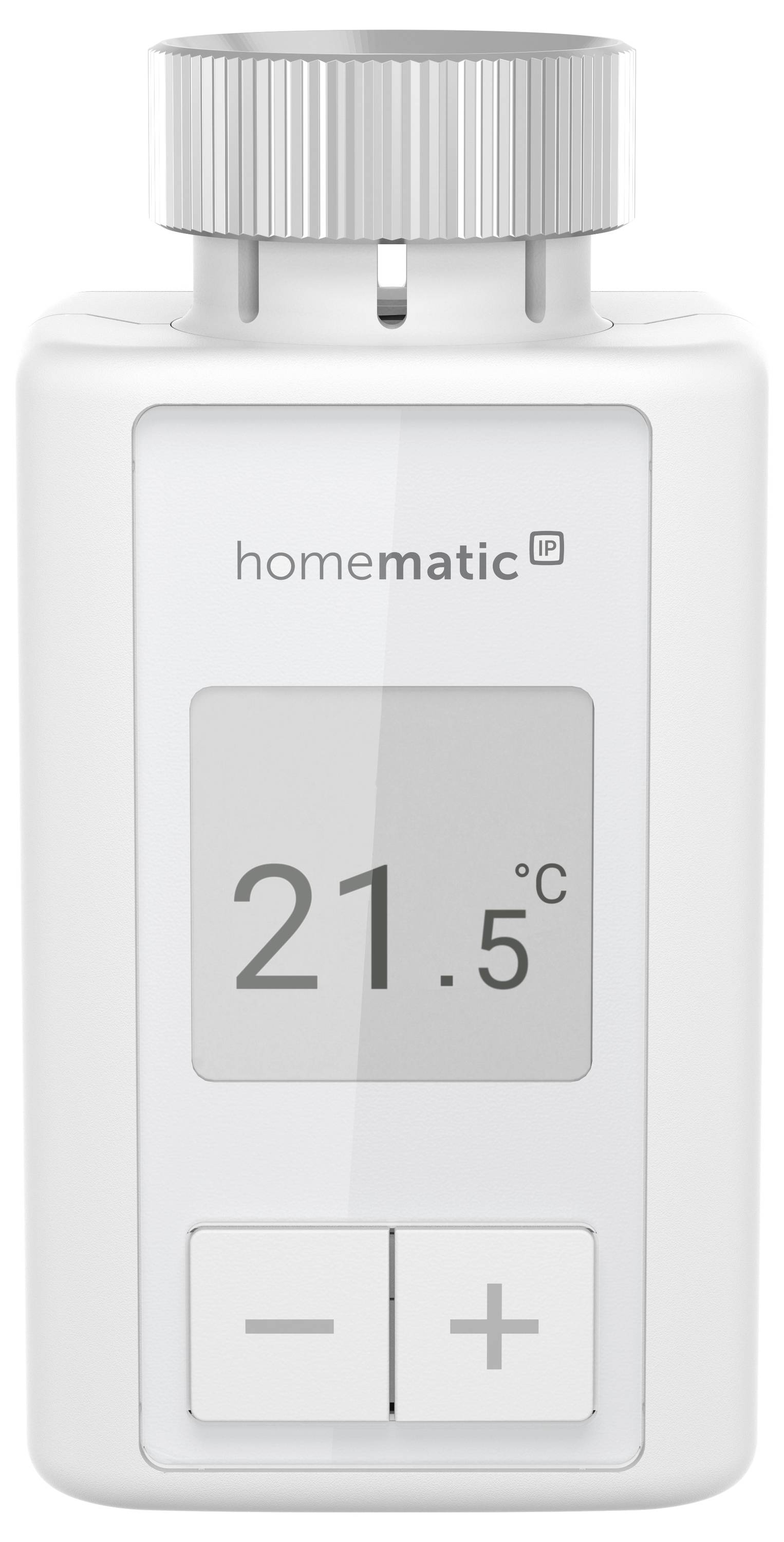Ein weißer, digitaler Heizkörperthermostat mit Anzeige von '21,5 °C' und Tasten zur Temperaturregelung.