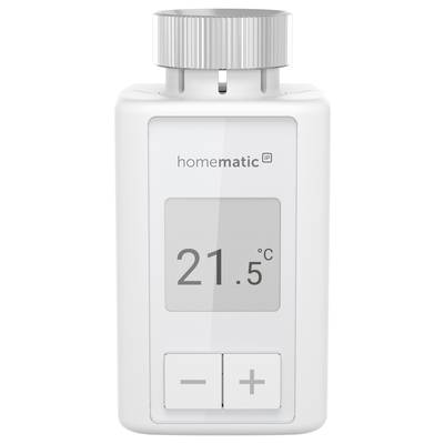 Ein weißer, digitaler Heizkörperthermostat mit Anzeige von '21,5 °C' und Tasten zur Temperaturregelung.