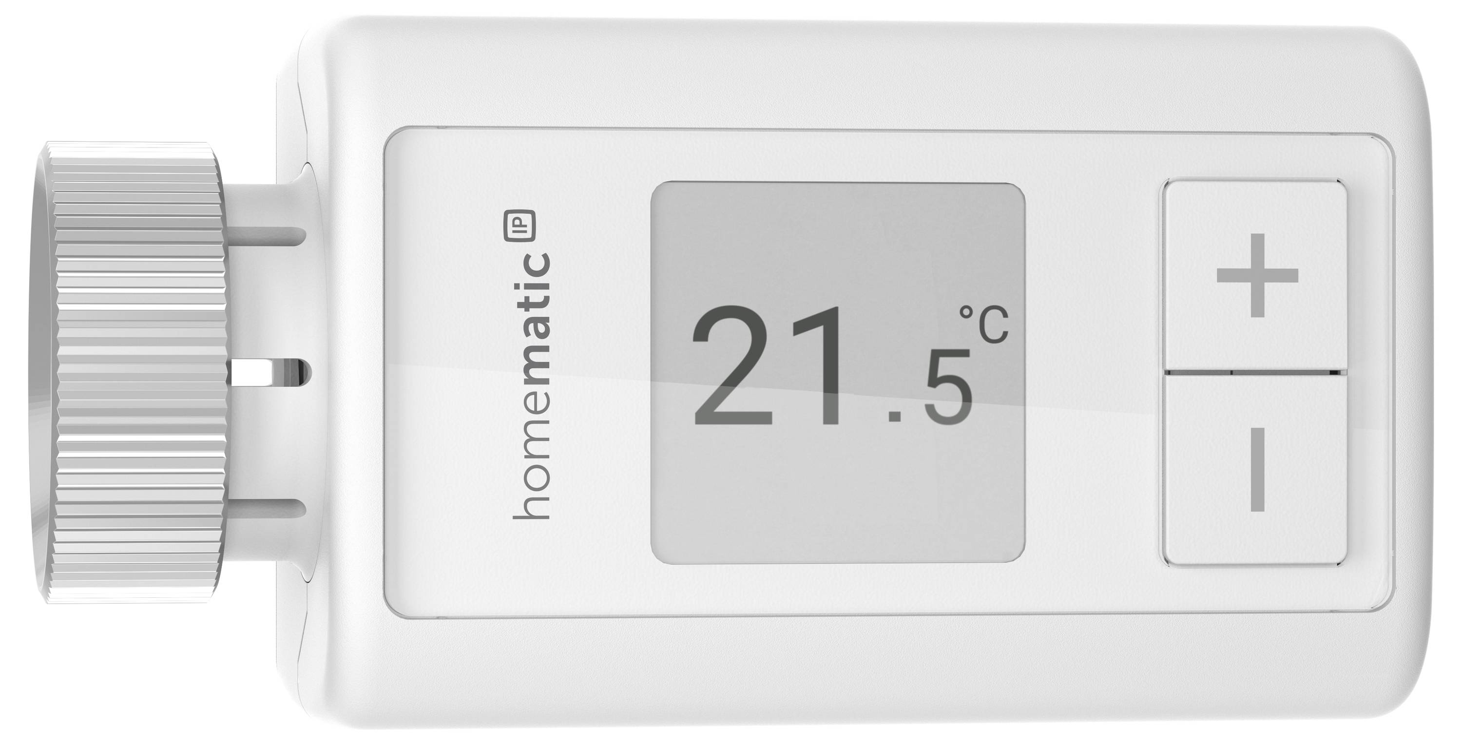 Smartes Heizkörperthermostat mit Displayanzeige von 21,5 °C und zwei Tasten zur Temperaturregelung, '+' und '-'.