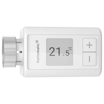 Smartes Heizkörperthermostat mit Displayanzeige von 21,5 °C und zwei Tasten zur Temperaturregelung, '+' und '-'.