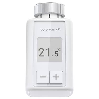 Thermostatgerät mit Display zeigt '21.5 °C'. Markiert als 'homematic IP'. Plus- und Minustasten zur Temperaturregelung.