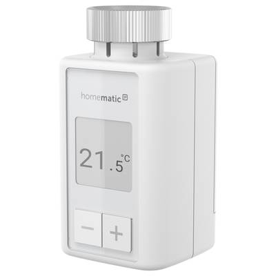 Ein weißes, rechteckiges Heizkörperthermostat von Homematic zeigt '21.5°C'. Tasten zum Erhöhen und Verringern der Temperatur sind sichtbar.