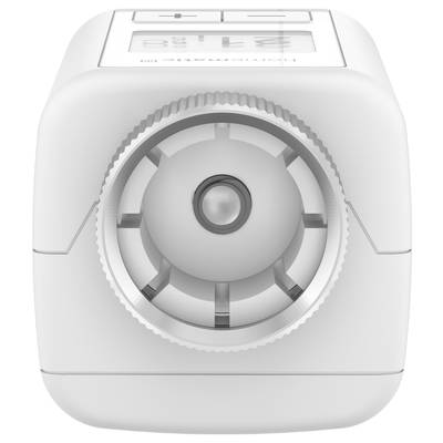 Weißes, elektronisches Heizkörperthermostat mit digitaler Anzeige oben. Zeigt aktuelle Temperatur und Steuerelemente für Heizungsregelung.