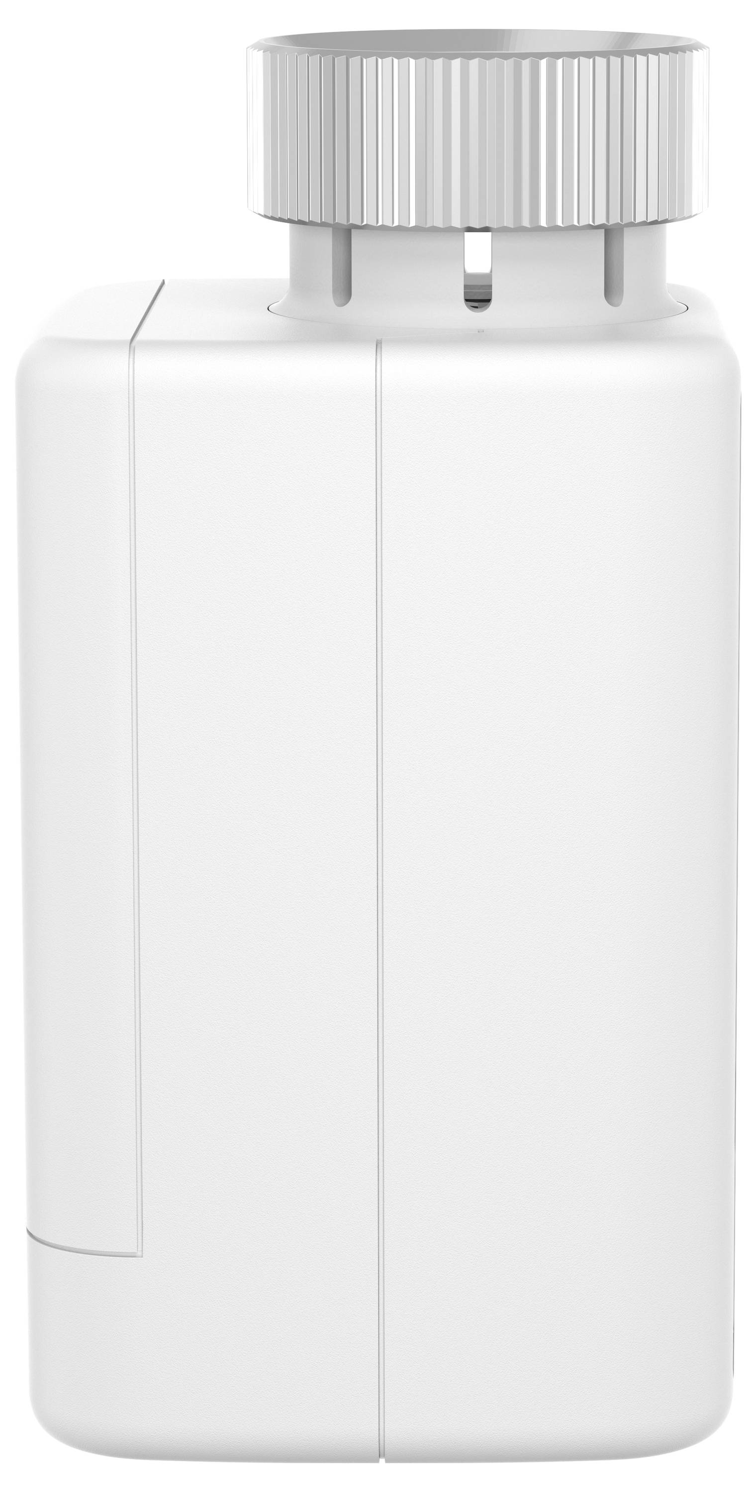 Weiße Plastikflasche mit silbernem Schraubverschluss, seitliche Ansicht.