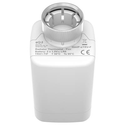 Elektronischer Heizkörperthermostat mit Temperaturregelung, Modell 'Radiator Thermostat - Flex'. Batteriefach erkennbar.