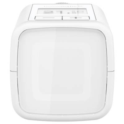 Ein weißer digitaler Wecker mit rechteckigem Display und einem Plus- und Minus-Knopf zur Einstellung der Uhrzeit.