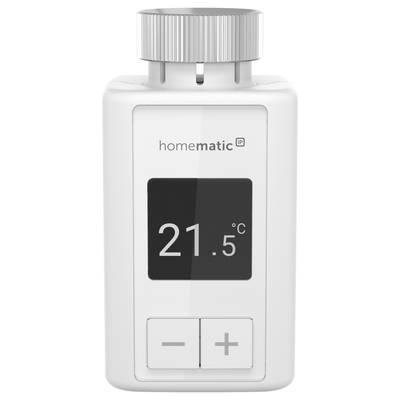 Ein Heizkörperthermostat mit digitaler Anzeige zeigt '21,5 °C'. Markenname 'homematic IP' ist sichtbar.
