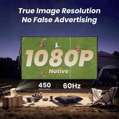 Leinwand im Freien mit Filmprojektion in '1080P Native', beworben als 'True Image Resolution', 450 ANSI Lumen und 60 Hz.