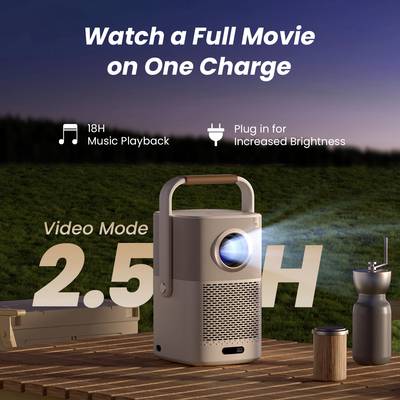 Ein Projektor mit Griff strahlt blaues Licht aus. Text: 'Video Mode 2.5H'. Umgebung: Musik-Wiedergabe 18H, Helligkeit einstellbar.