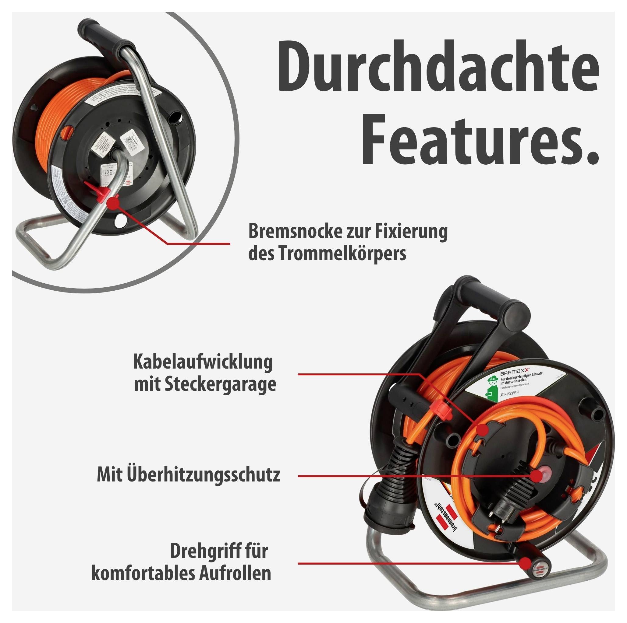 Werbegrafik eines Kabelaufrollers mit den Features 'Bremsnocke', 'Kabelaufwicklung mit Steckergarage', 'Überhitzungsschutz' und 'Drehgriff für komfortables Aufrollen'.
