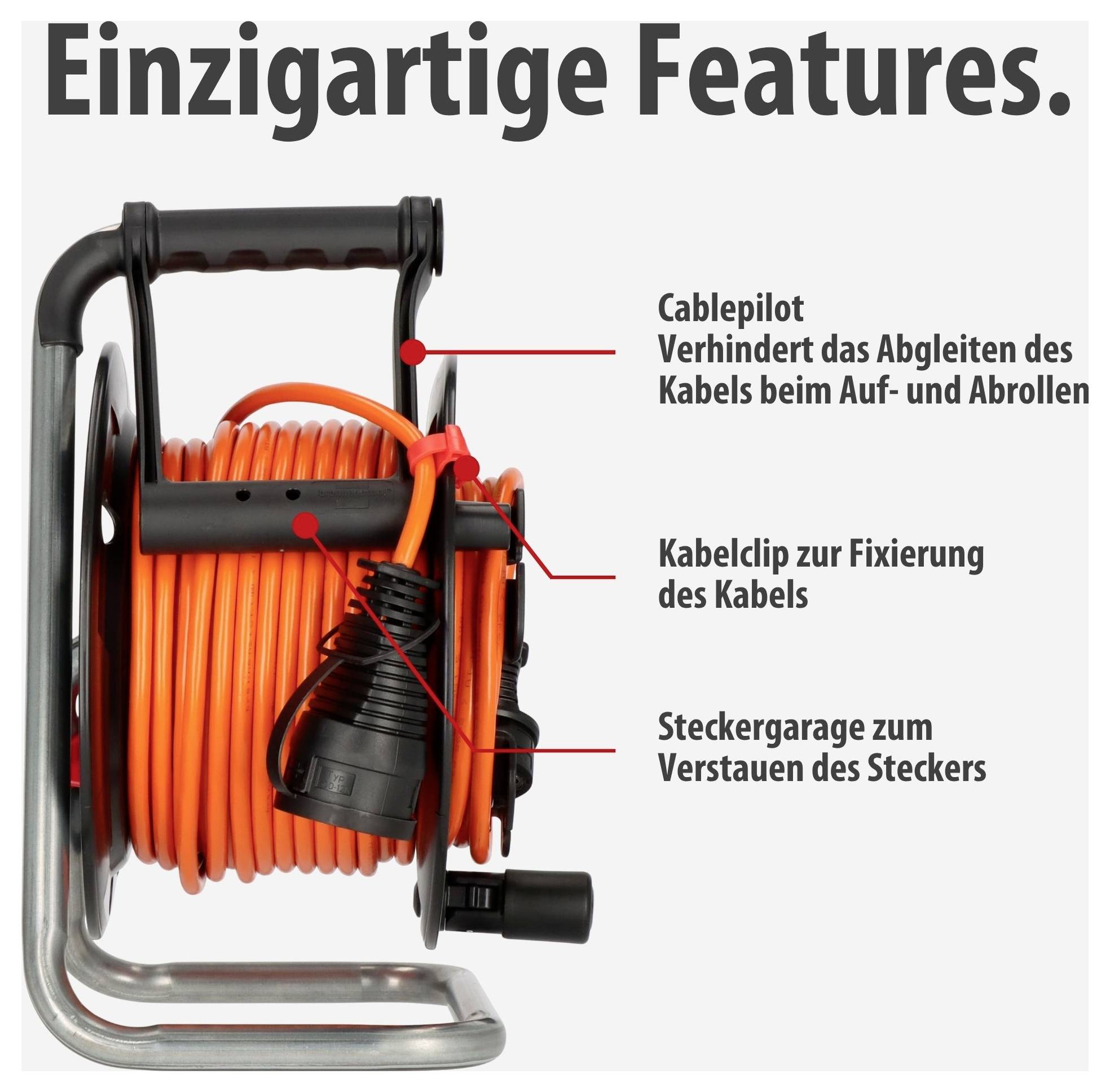 Kabeltrommel mit orangefarbenem Kabel und Markierungen für Cablepilot, Kabelclip und Steckergarage; zeigt praktische Aufbewahrungsfunktionen.