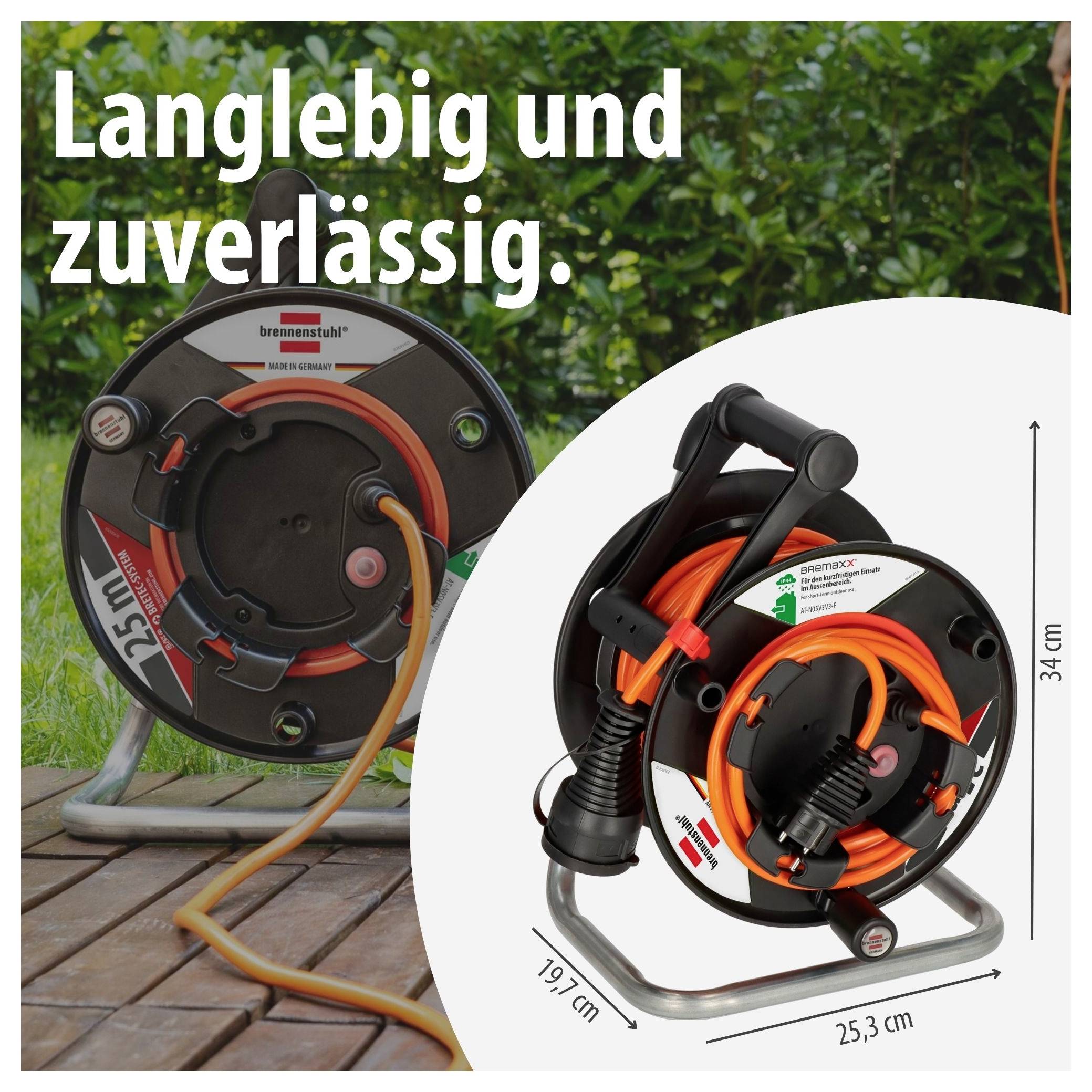 Werbeabbildung eines Kabeltrommel-Sets mit dem Text 'Langlebig und zuverlässig.' sowie Maßangaben 19,7 cm, 25,3 cm und 34 cm.
