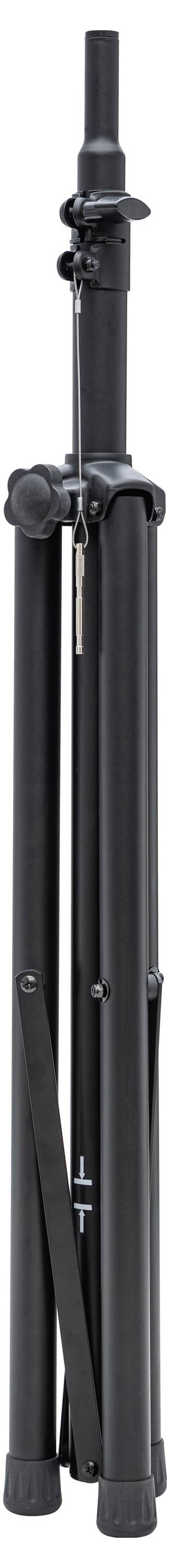 Ein schwarzes, zusammengeklapptes Stativ mit drei Beinen und verstellbarer Höhe. Ideal für Kameras oder Projektoren.